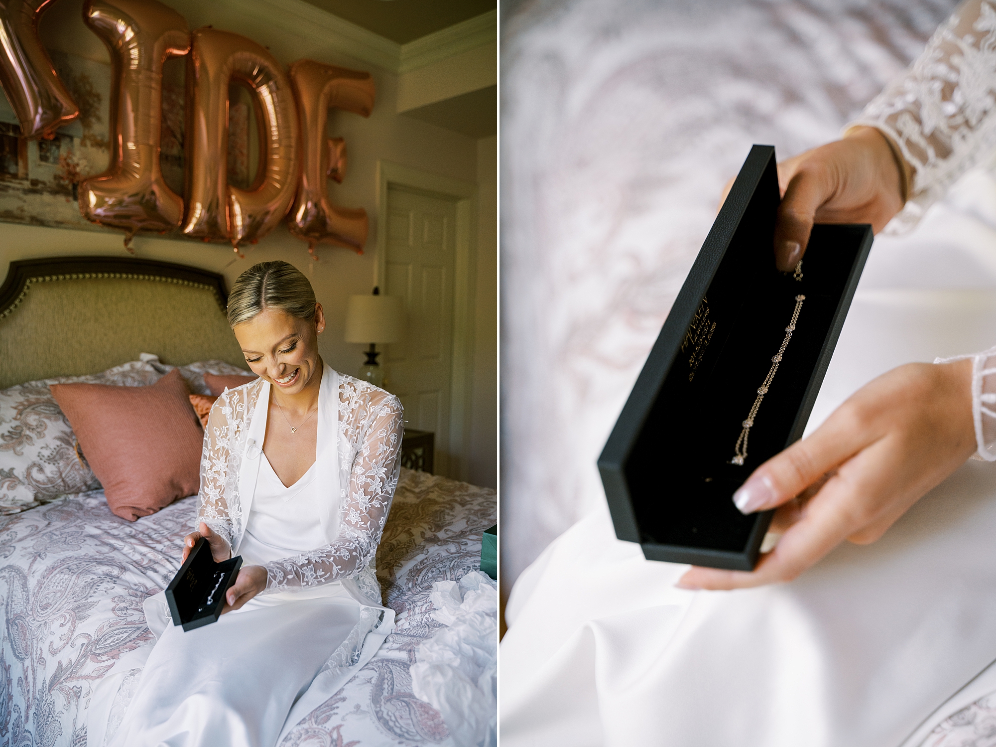 bride opens gift on wedding morning 