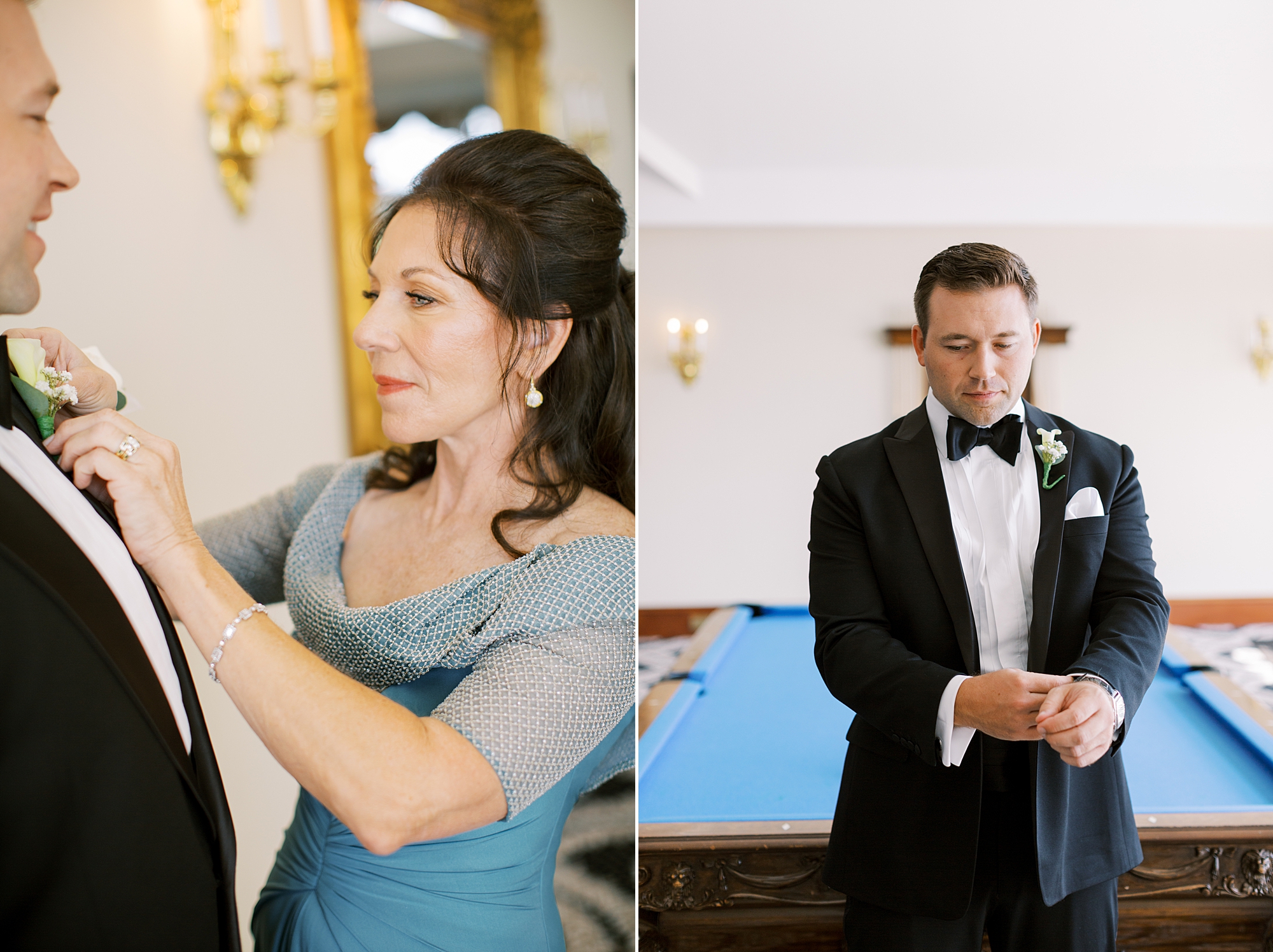 mother in light blue gown helps groom prepare for NY wedding