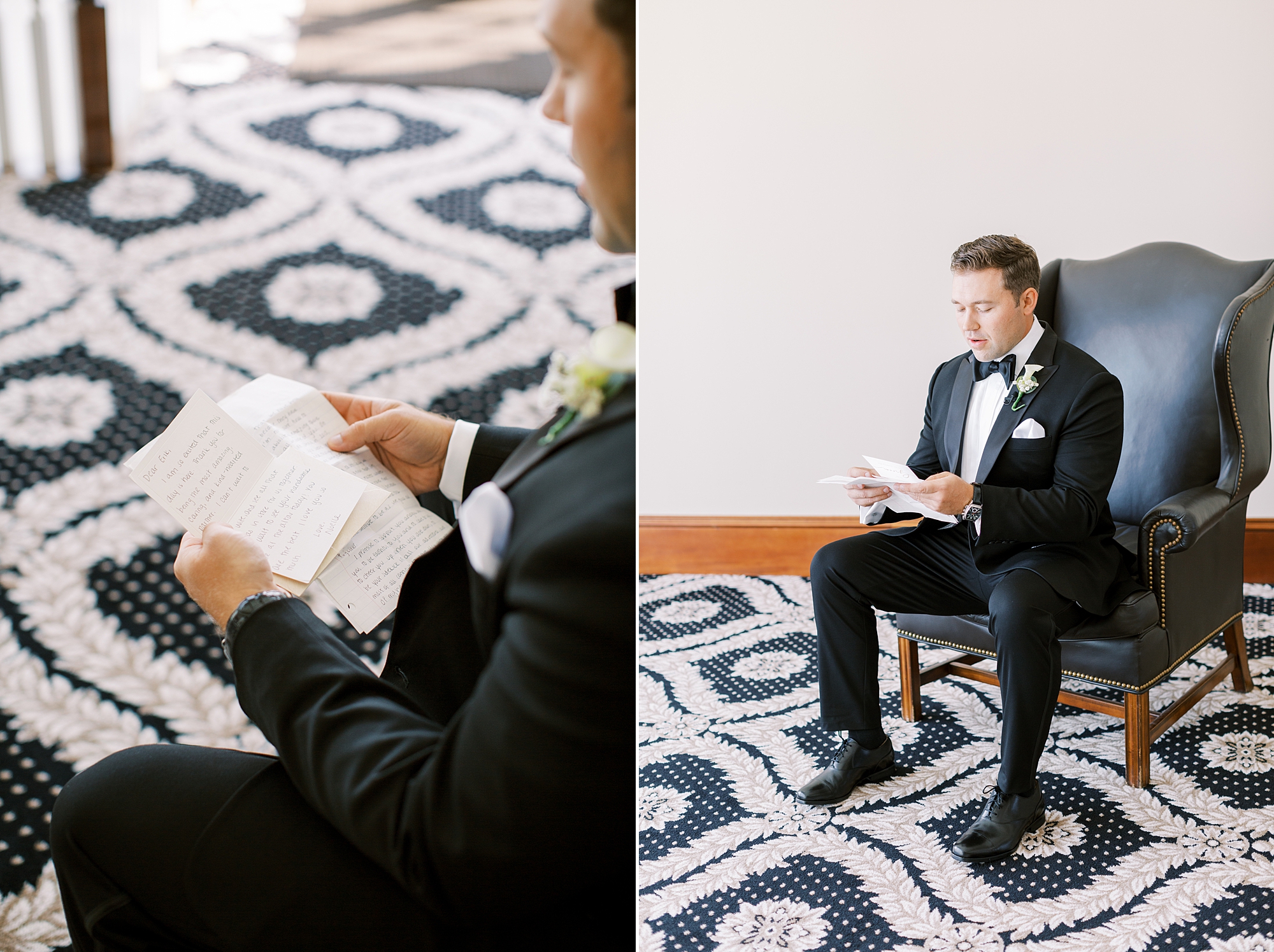 groom sits reading letter on wedding morning 