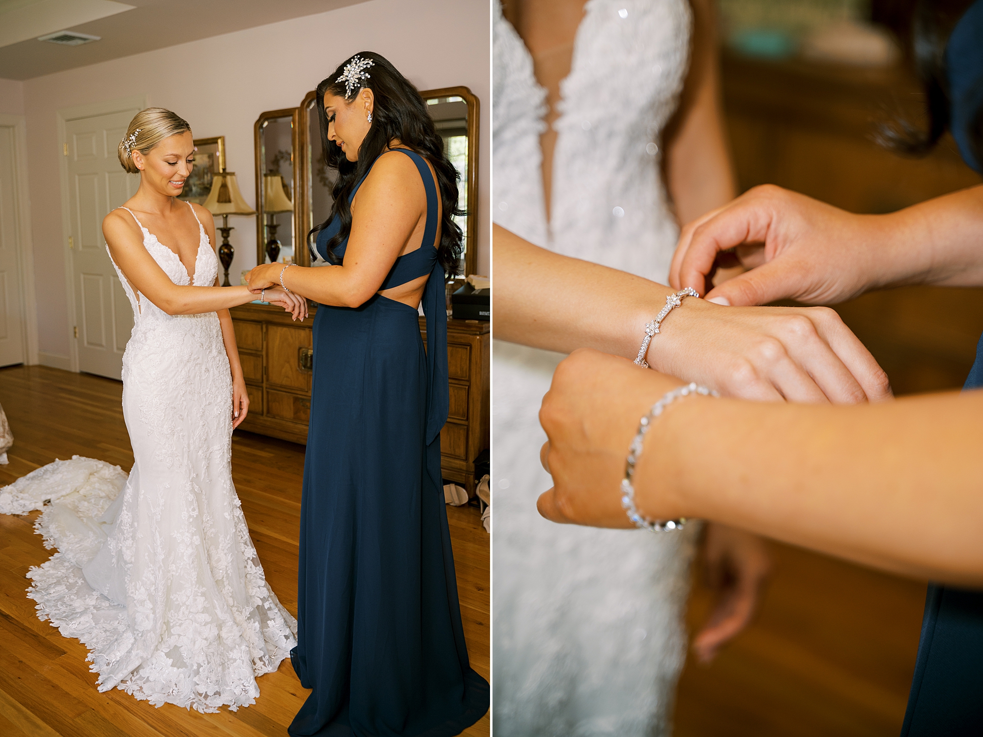 bridesmaid in navy gown helps bride with bracelet 
