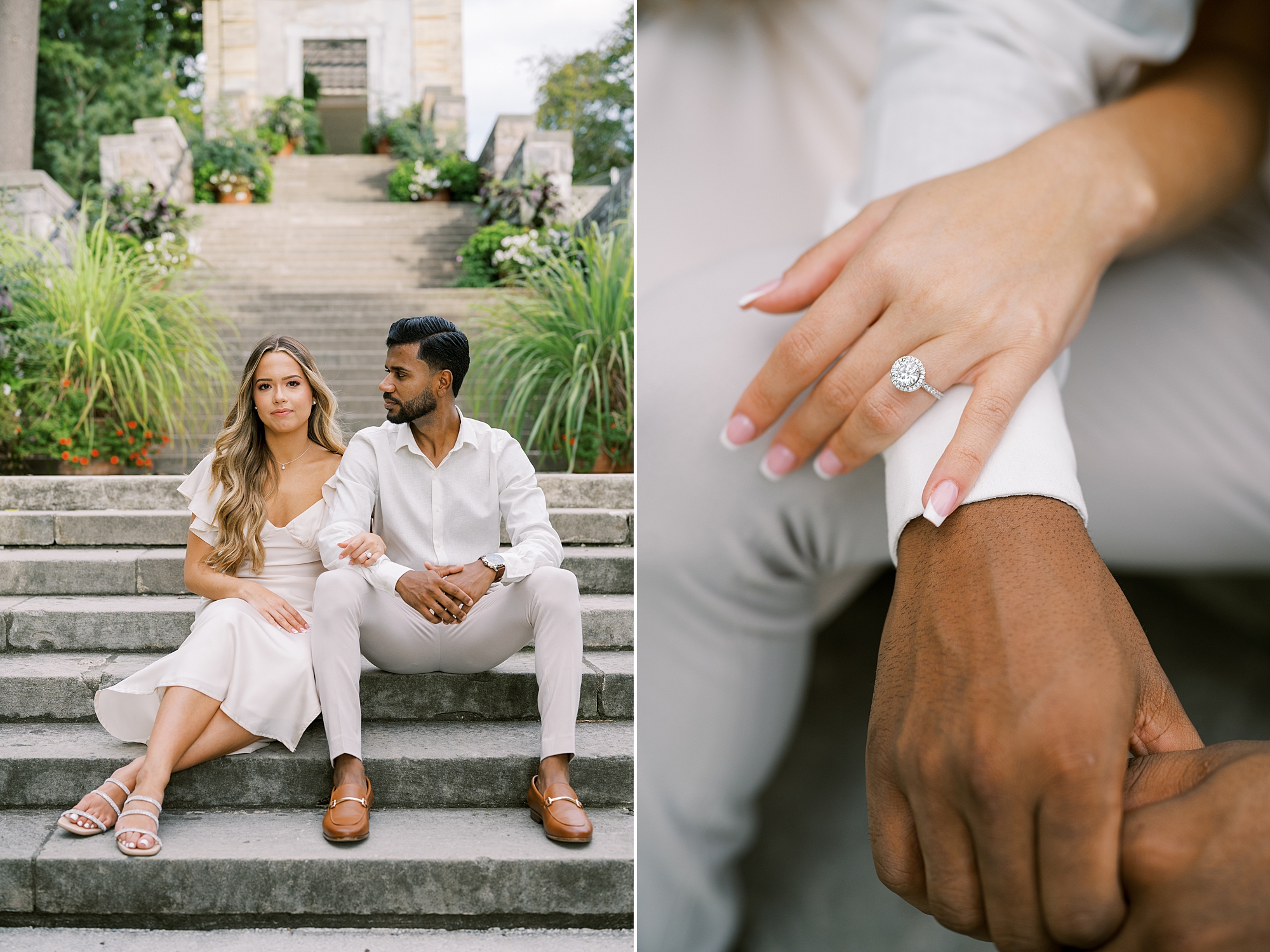 woman holds man's arm during NY engagement session at Untemyer Gardens Conservancy