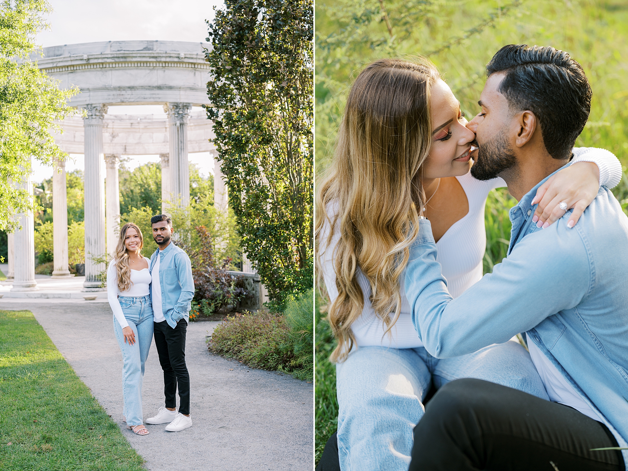 engaged couple kisses by stone pillars in Untemyer Gardens Conservancy