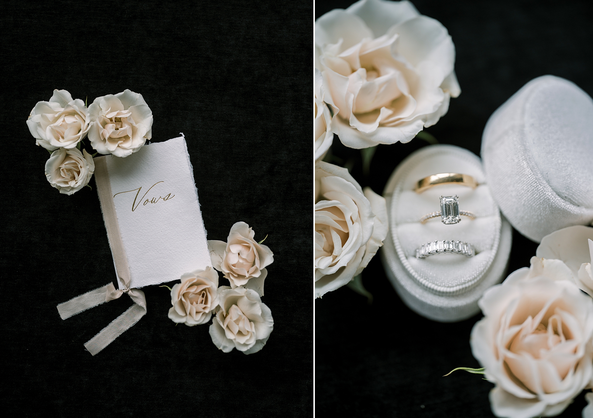 vow booklet with ring box surrounded by blush roses