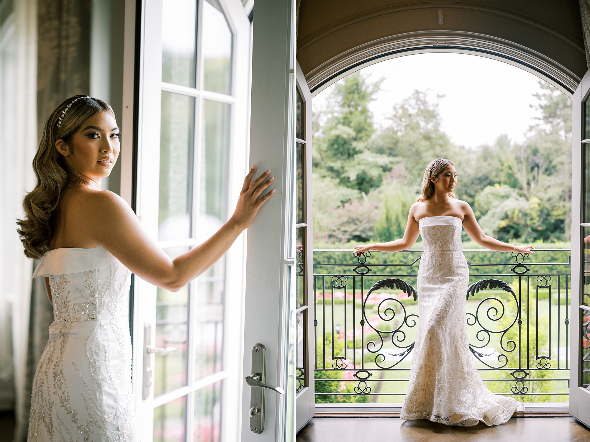 bride poses by wrought iron balcony outside bridal suite at Park Chateau Estate