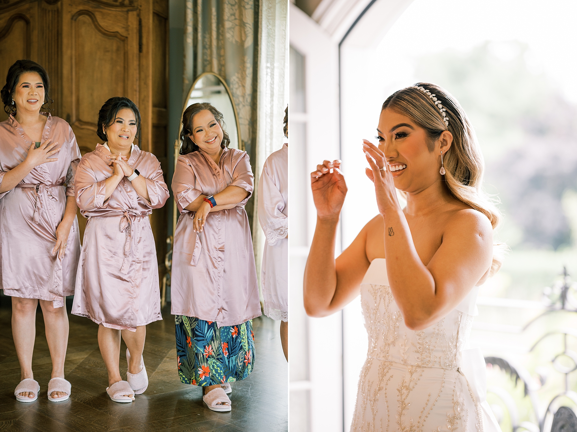 bride grins at bridesmaids during first look at Park Chateau Estate