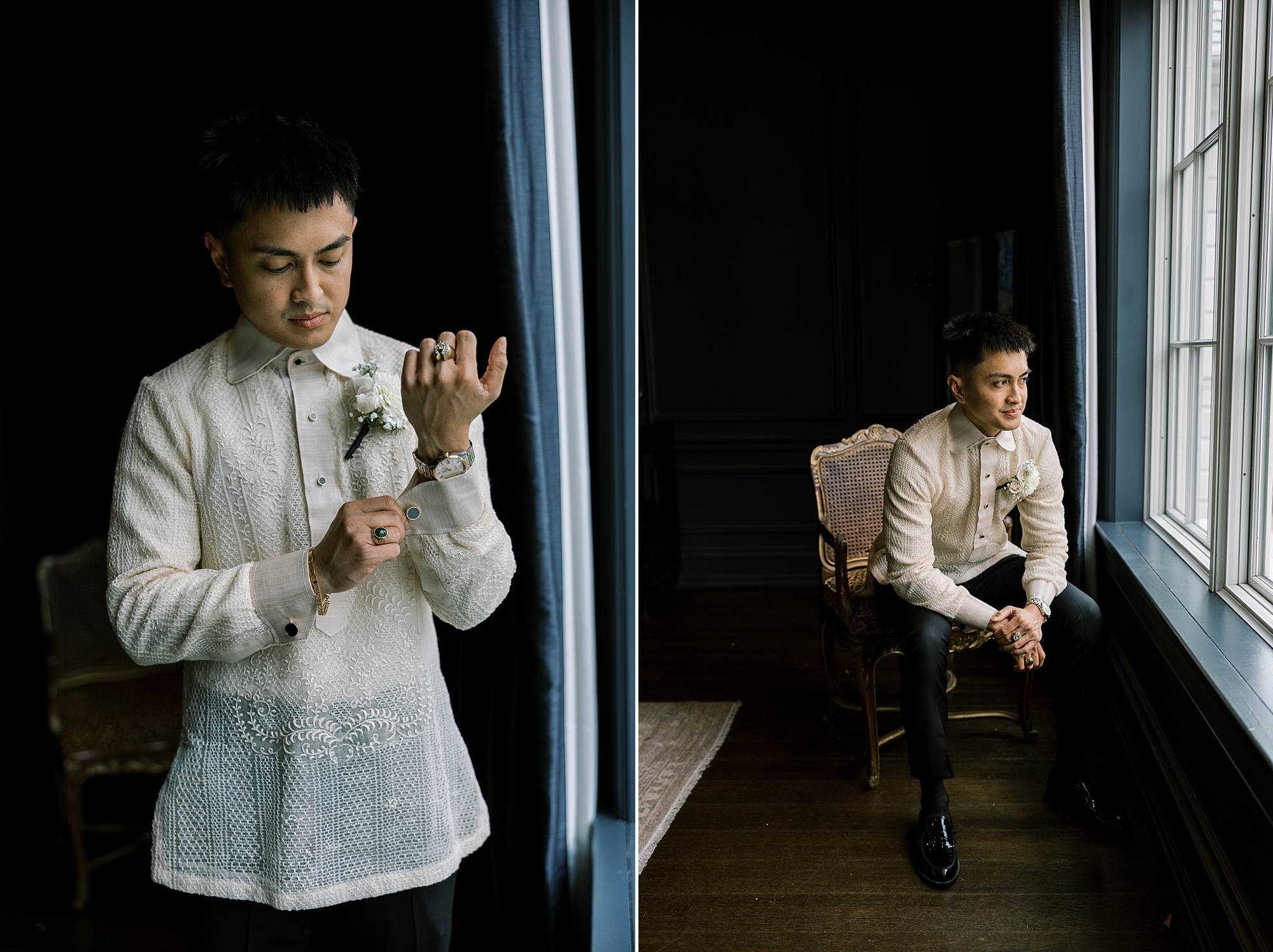 groom adjusts cufflinks of linen shirt