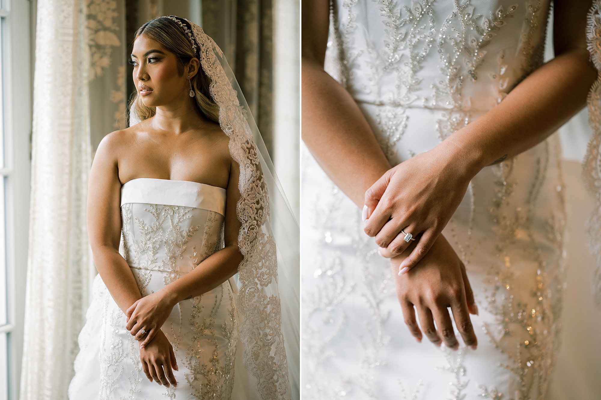 bride stands with arms in front off her in strapless wedding gown