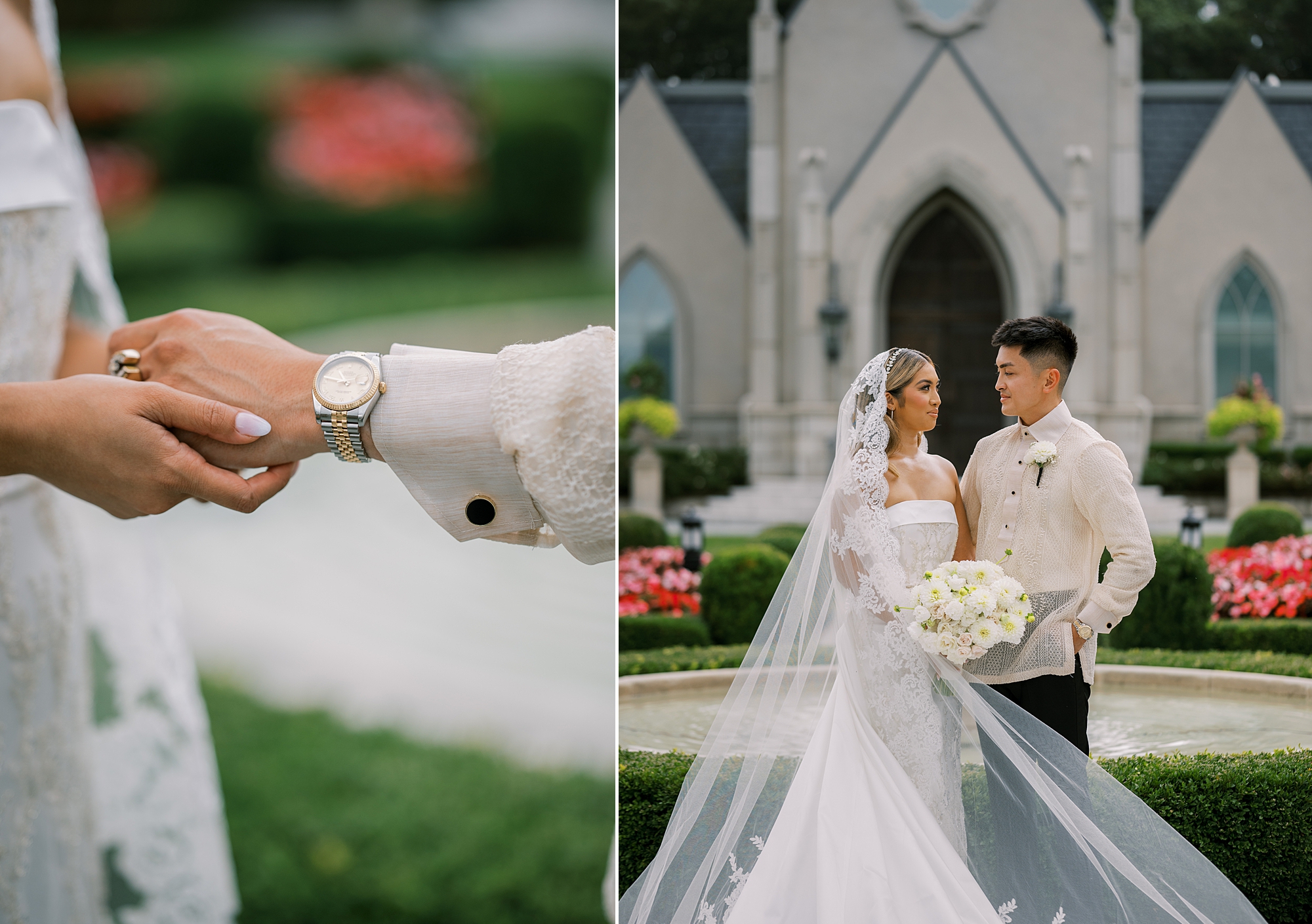 bride holds groom's hand showing off his watch