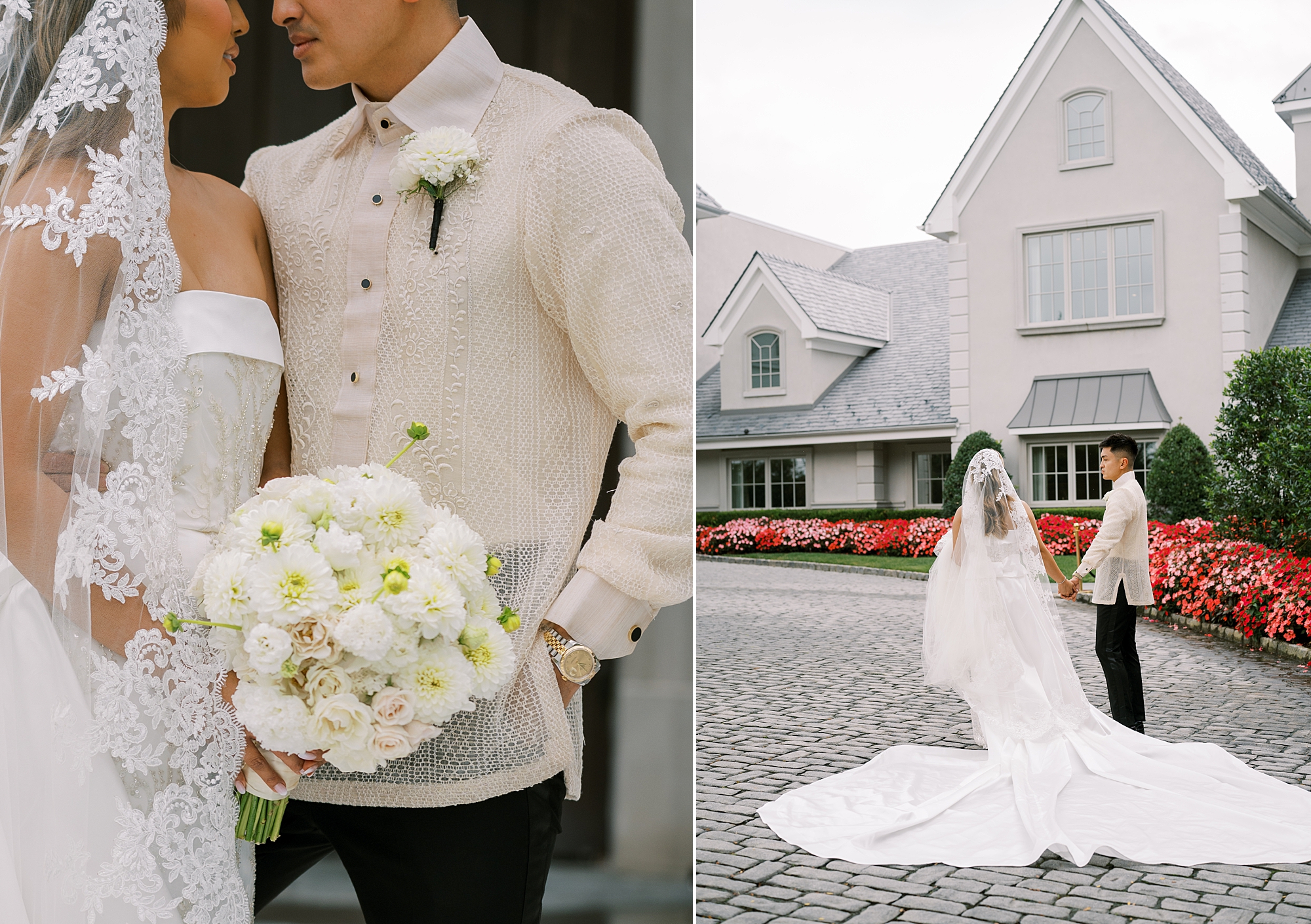 bride and groom hold hands walking on driveway outside Park Chateau Estate