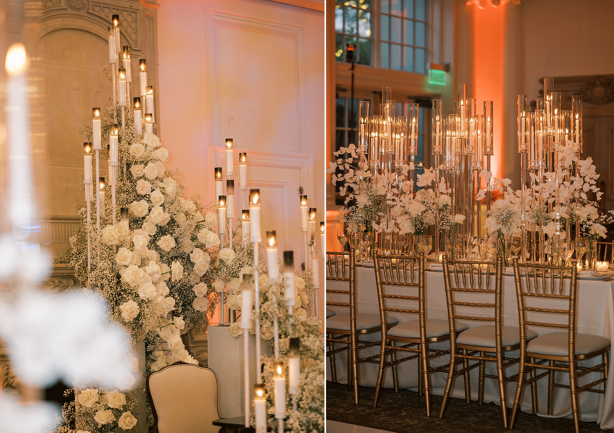 candlelit reception filled with white florals and tall taper candles at Park Chateau Estate