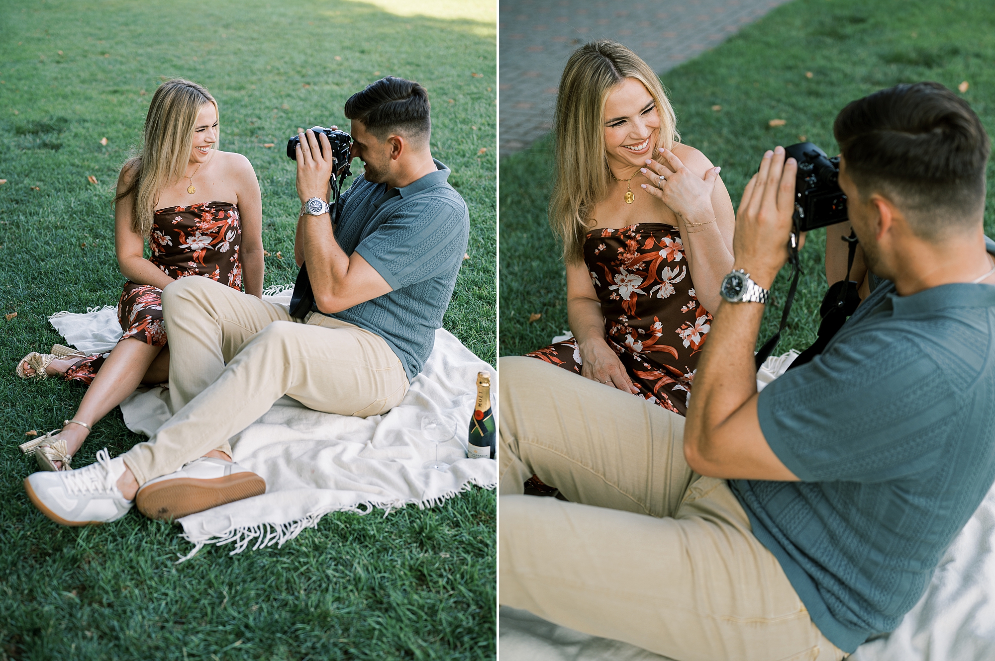 man takes photos of woman sitting on picnic blanket in New Jersey park 