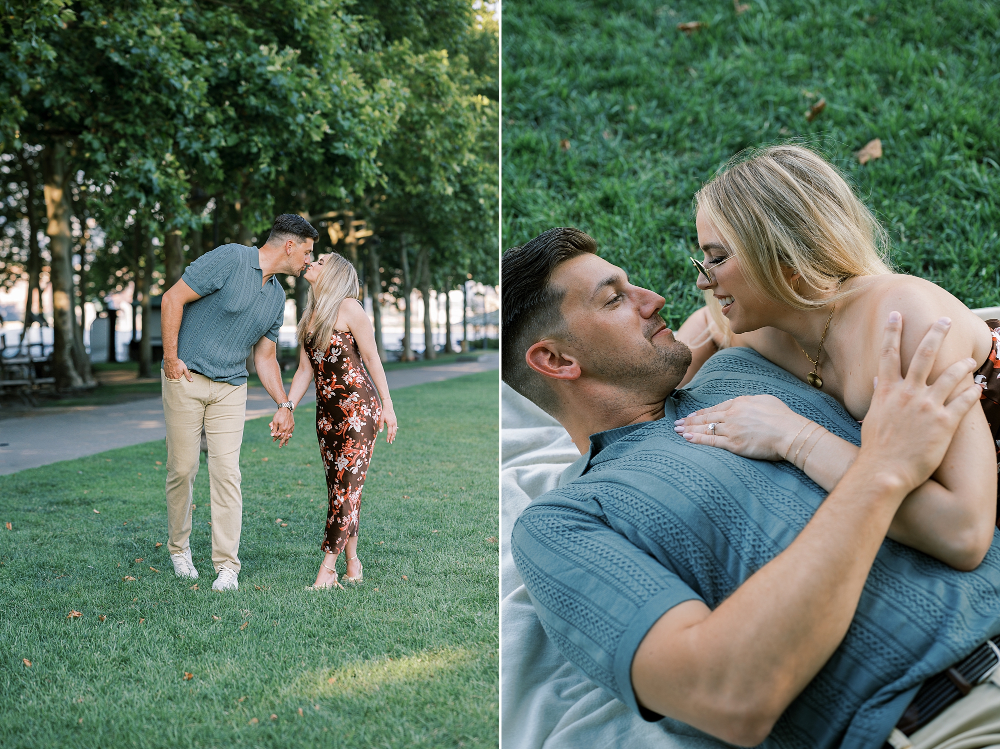 engaged couple laughs and leans for a kiss walking through Lackawanna Park