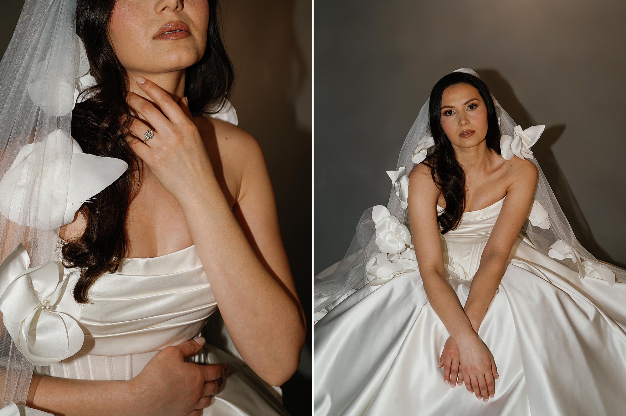 brunette woman sits in wedding gown during branding portraits for bridal boutique