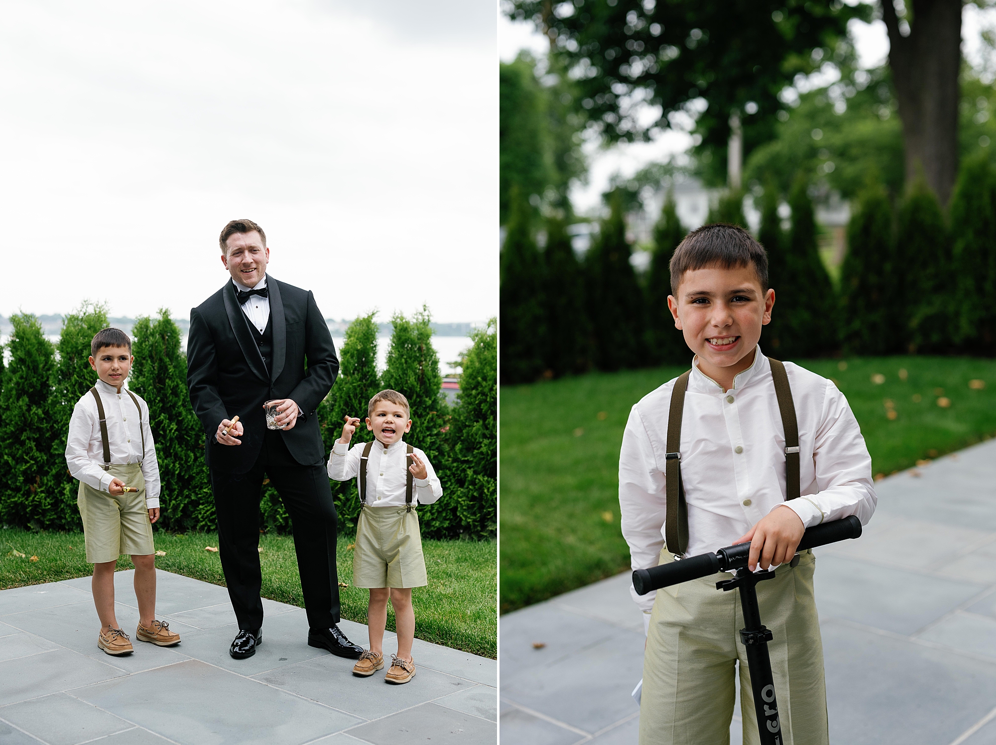 groom poses with ring bearers in khaki shorts and suspenders