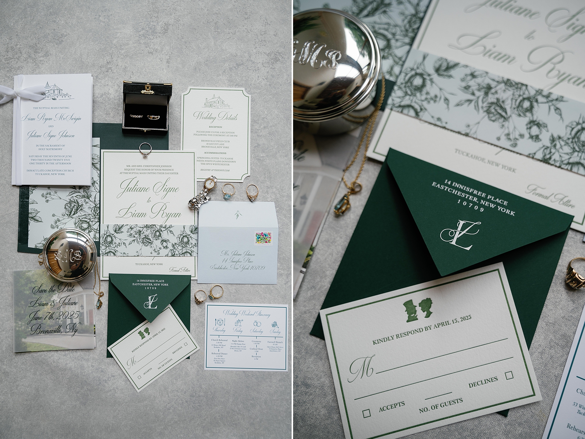 emerald green and white invitation suite for Bronxville Field Club wedding