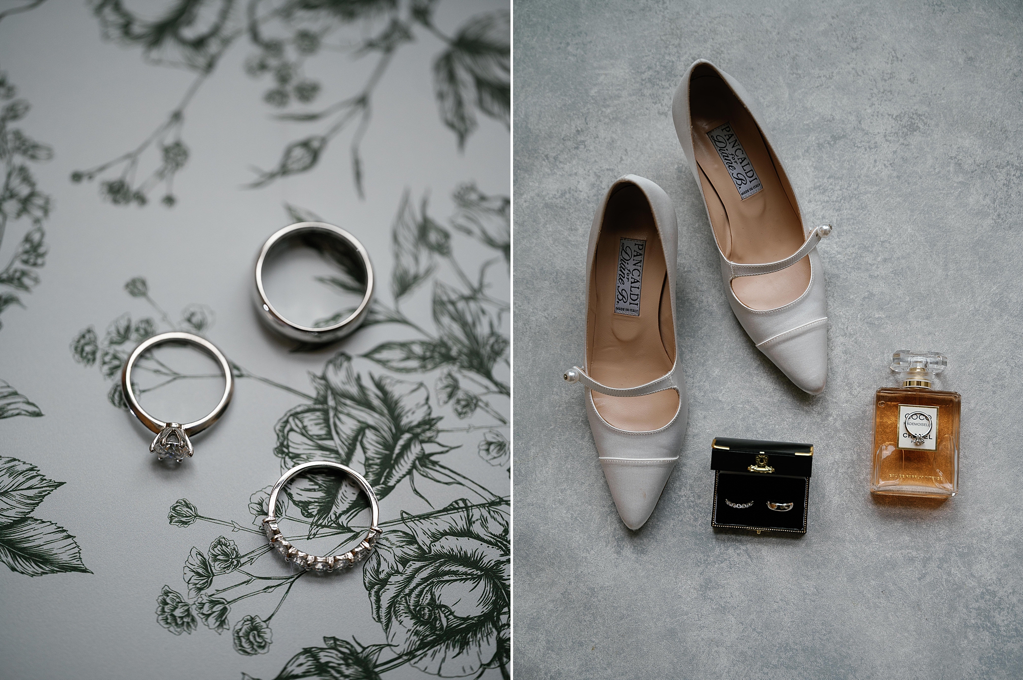 silver shoes for bride with silver wedding bands
