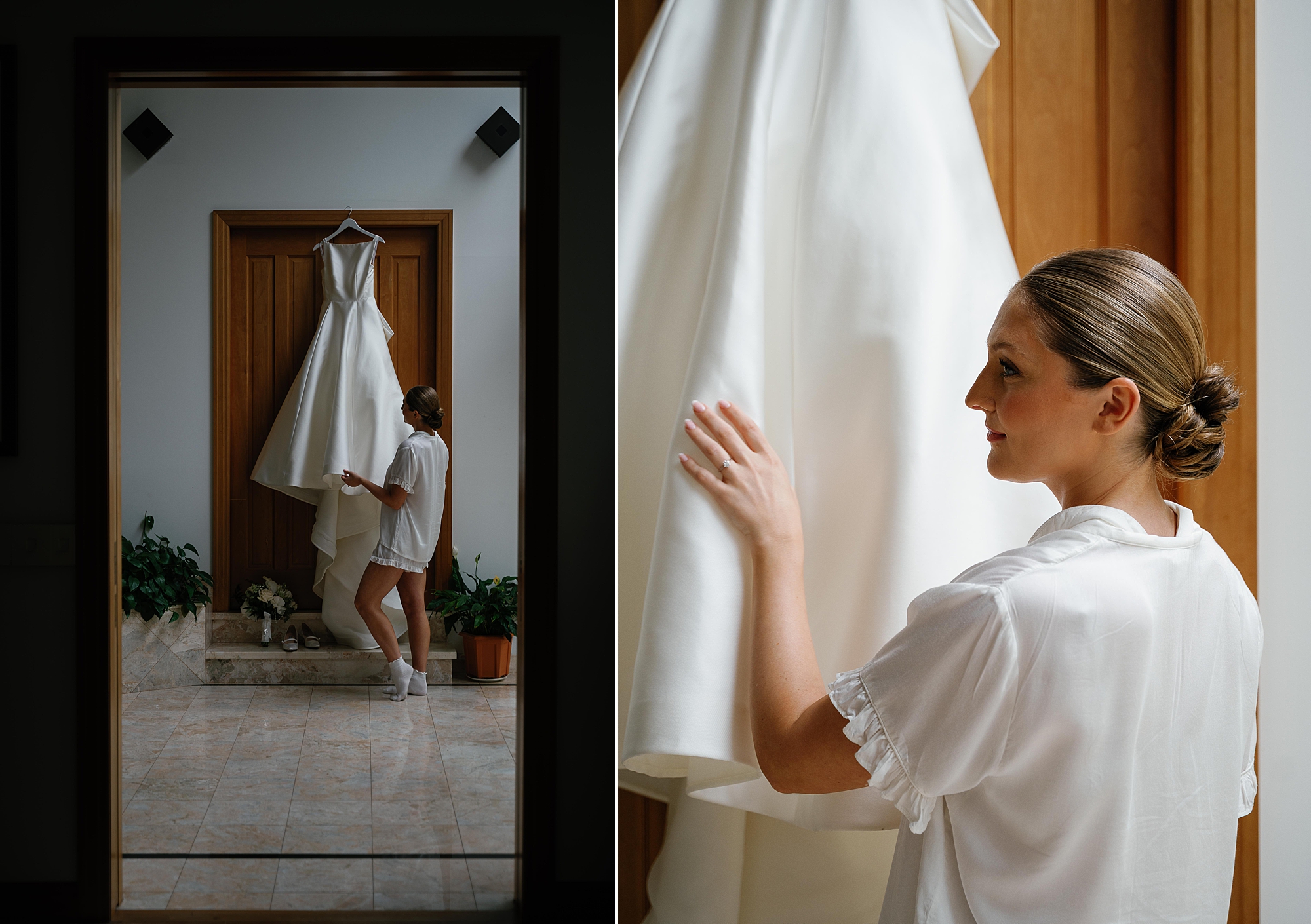 bride holds skirt of wedding dress while hanging in family home