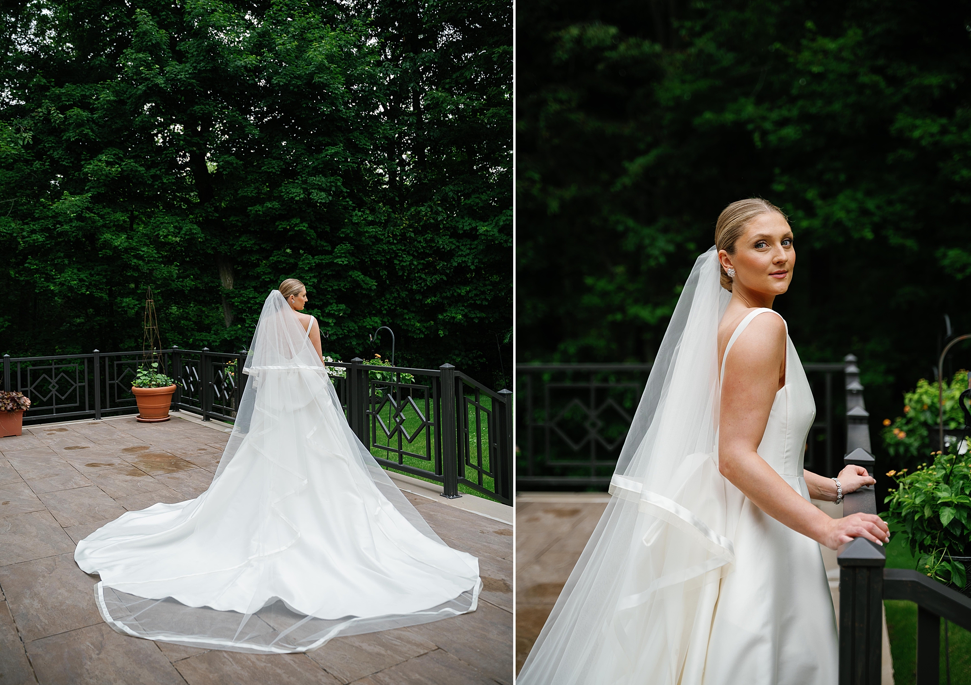 bride poses with veil draped around her shoulders at Bronxville Field Club