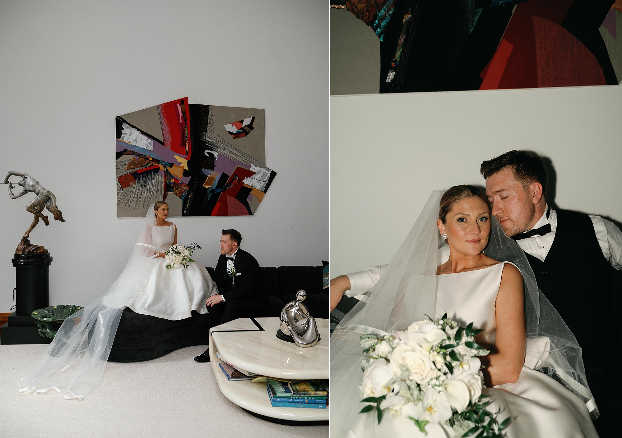 bride and groom sit on sofa under red and grey art at the Bronxville Field Club