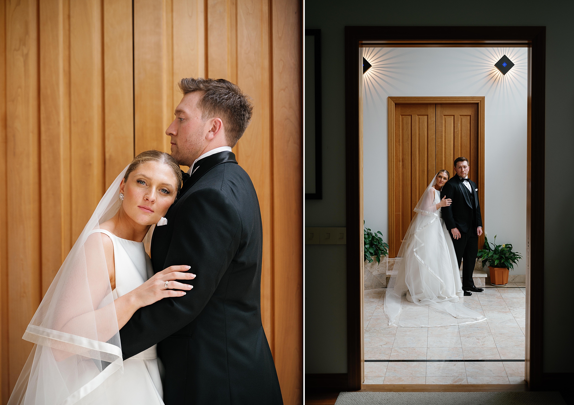 groom hugs bride to his chest as she lays her head down