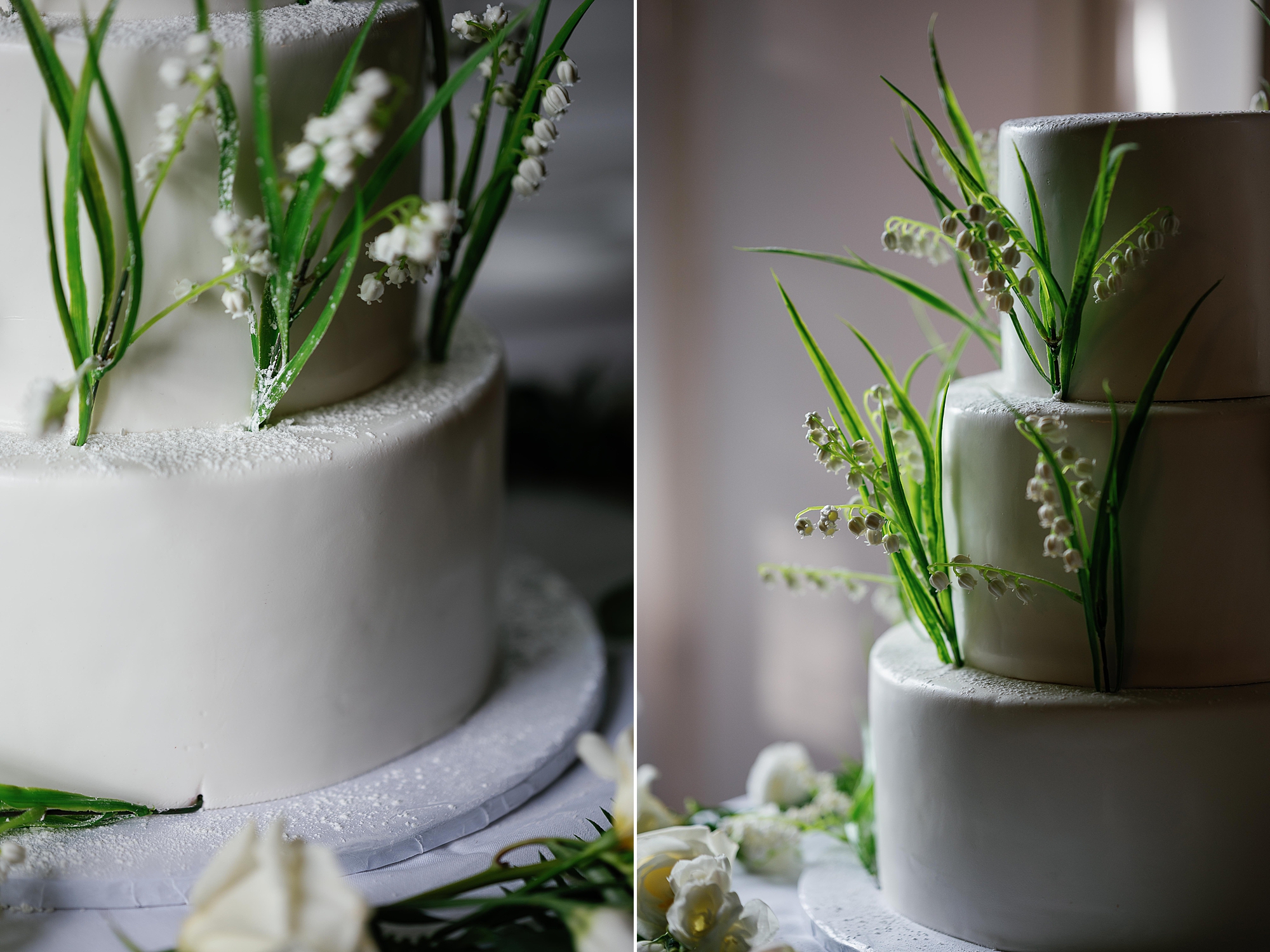 tiered wedding cake with green and white flowers
