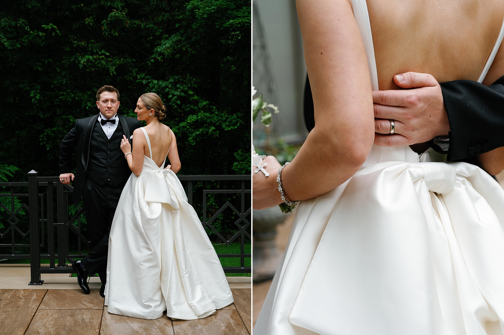 groom hugs bride around waist during portraits at the Bronxville Field Club