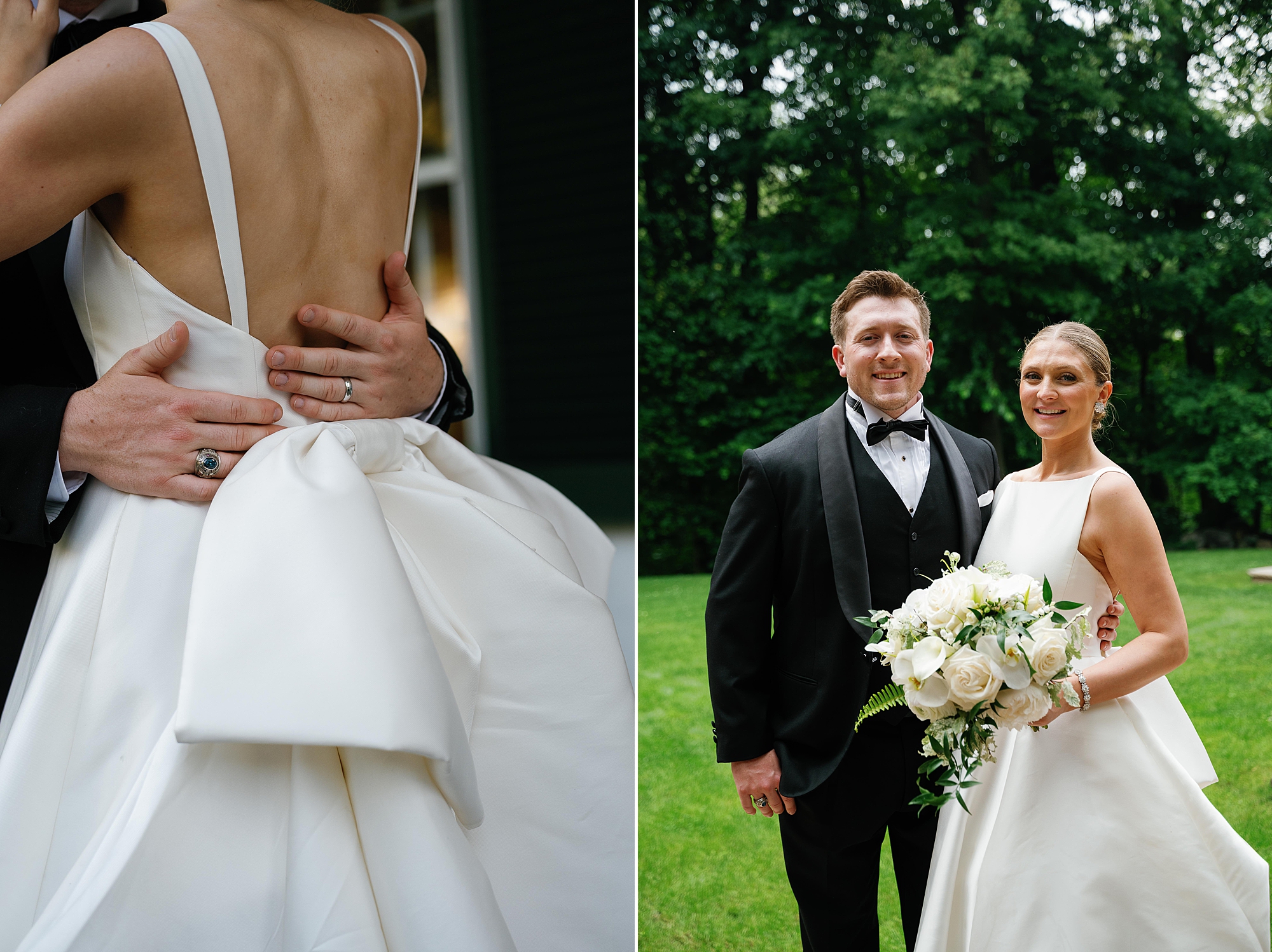 groom hugs bride around waist near bow on back of wedding gown