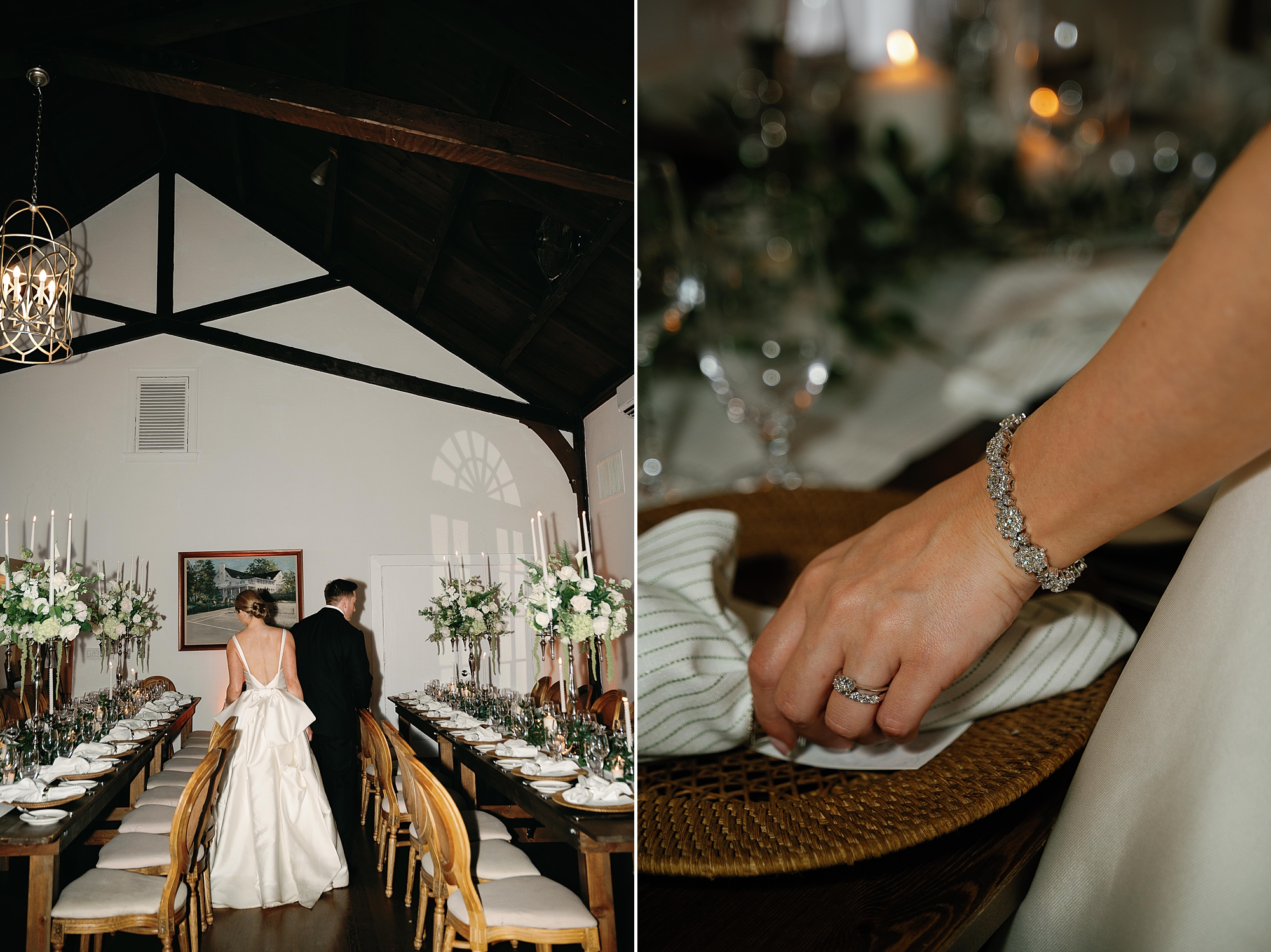 bride reaches for white napkin on wooden charger at reception