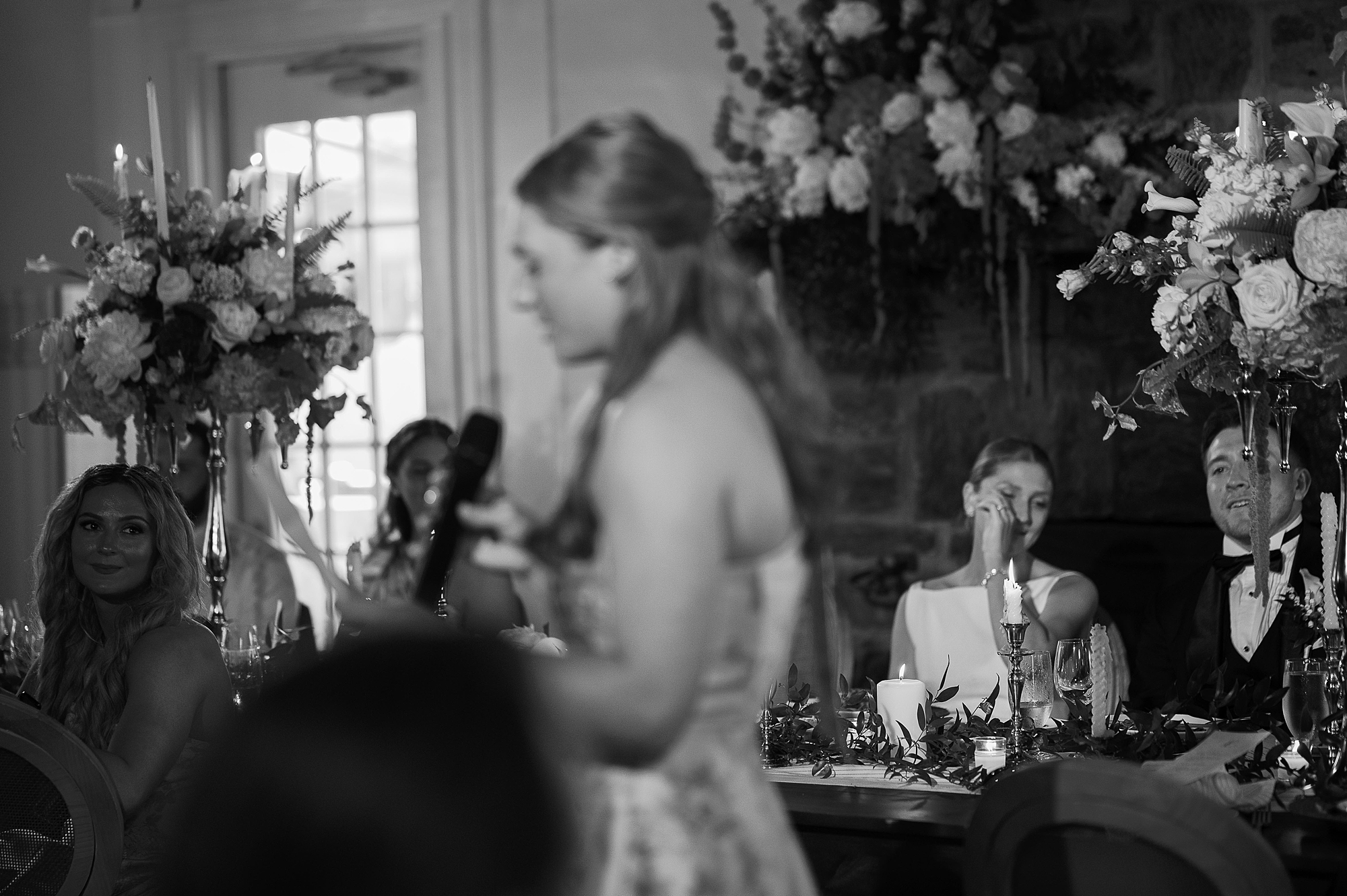 bridesmaid reads speech during the Bronxville Field Club wedding reception