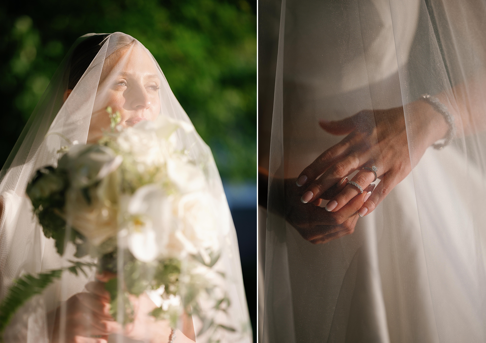 bride holds bouquet under veil and plays with wedding band