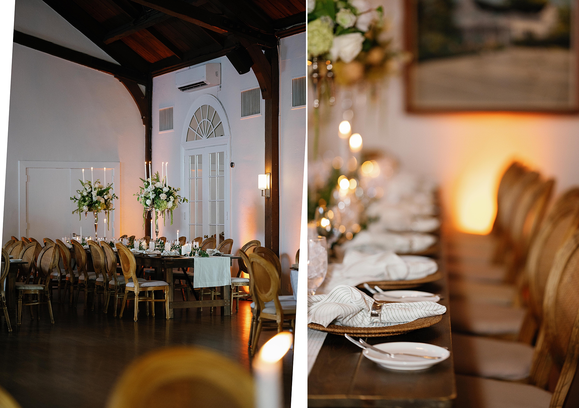 long family style seating with wooden chargers and white napkins