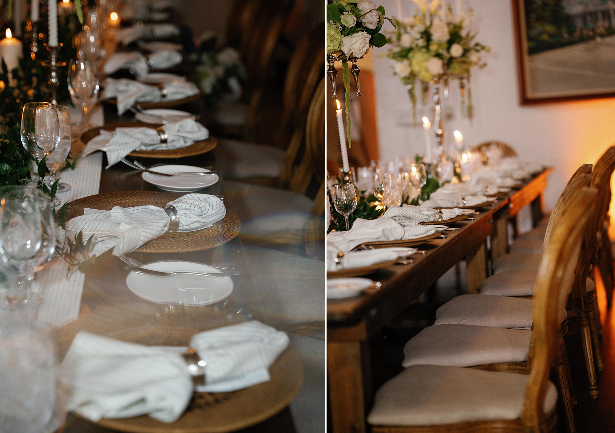 wedding reception at the Bronxville Field Club with white napkins and candles
